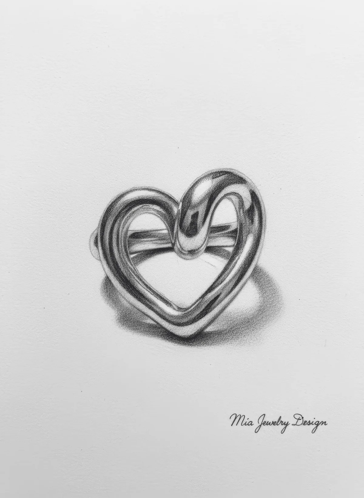 Artistic pencil sketch of the Protect My Love heart ring, signed Mia Jewelry Design