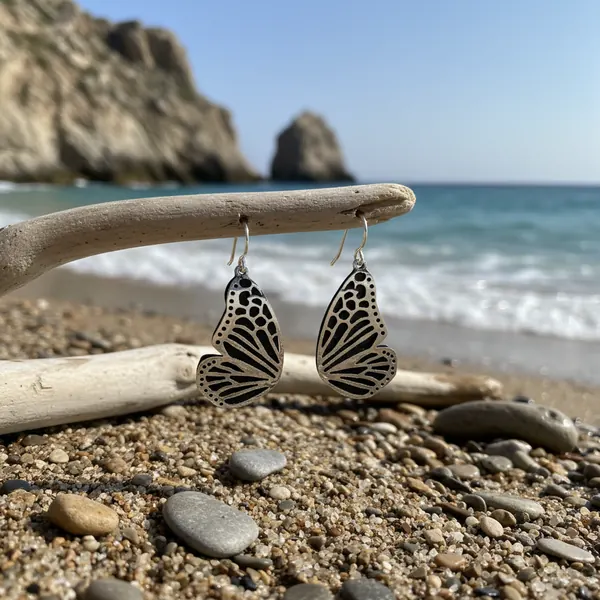 Silver butterfly-wing earrings hanging from driftwood on a pebble beach with waves behind