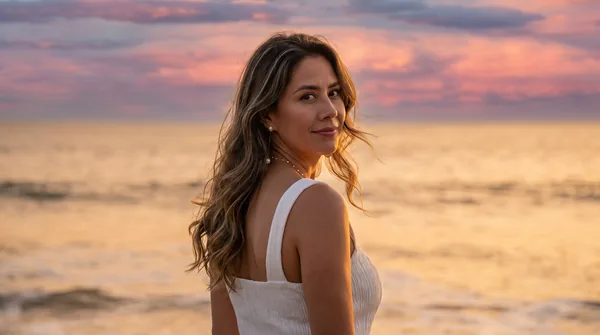 Imelda gira la mirada sobre su hombro en la orilla, con su collar de perla bajo un cielo rosa de atardecer