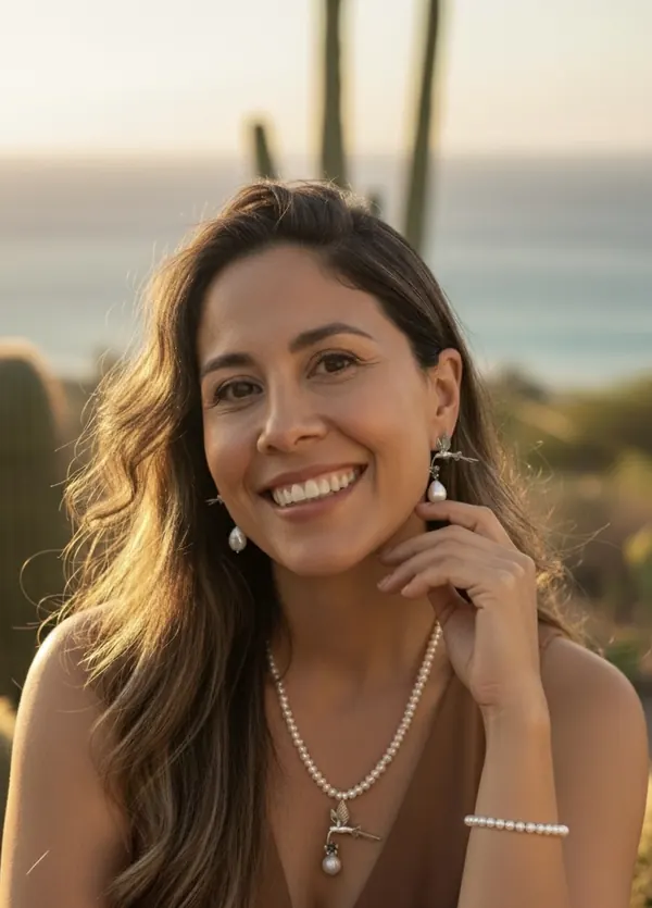 Smiling model at golden hour wearing the floral hummingbird pendant necklace and pearl earrings