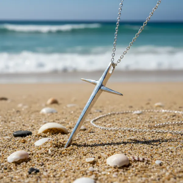 La Cruz silver cross necklace lying among shells and pebbles on the beach
