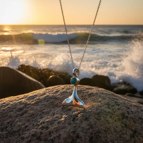Silver whale-tail pendant with turquoise on a chain, laid on a golden rock as waves break behind