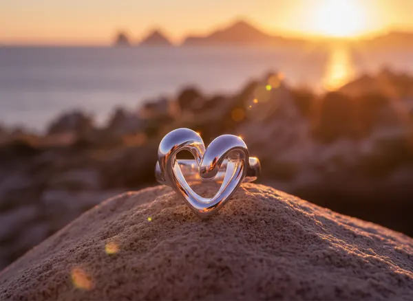 Protect My Love open-heart silver ring glowing on a rock at golden hour